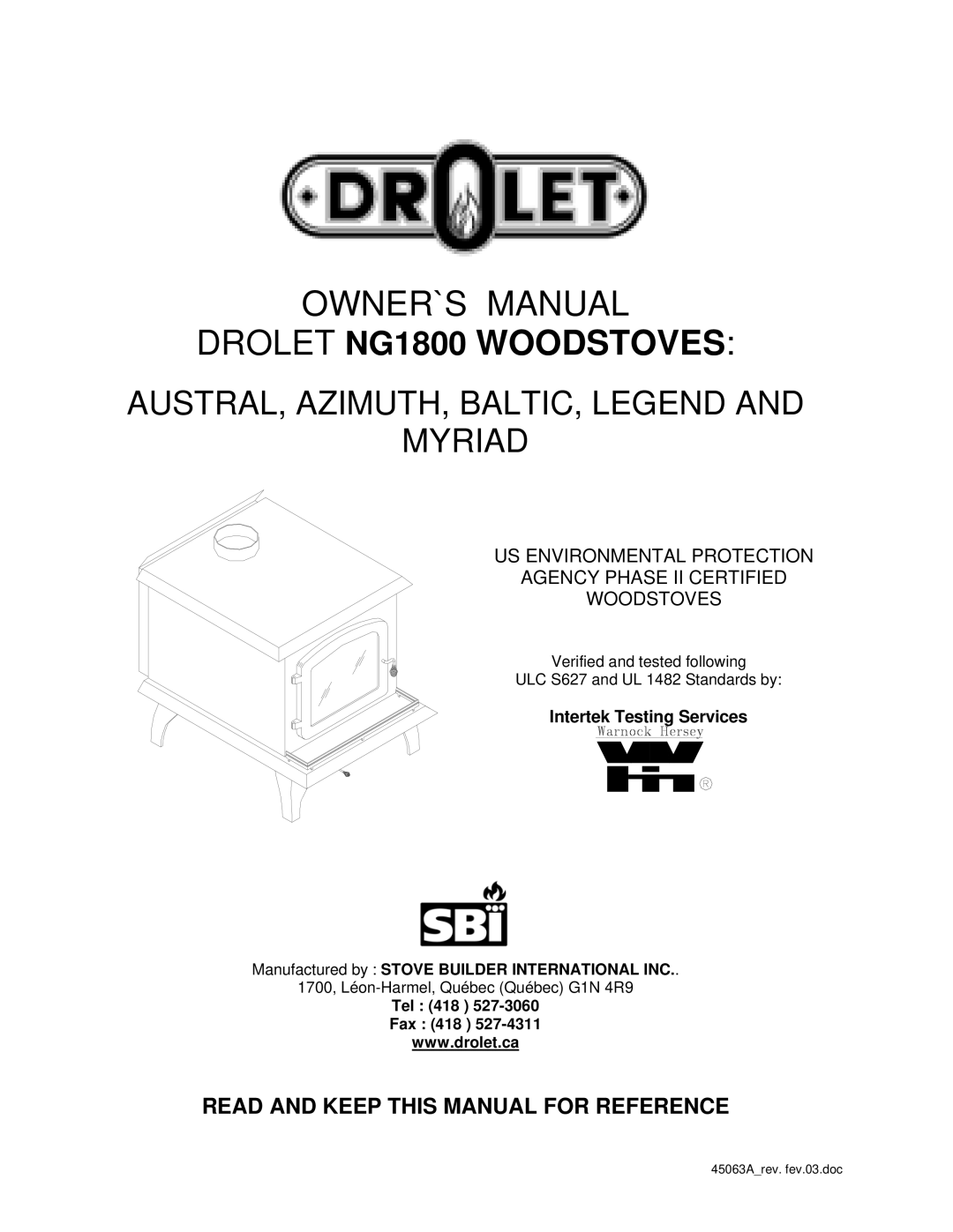 Drolet owner manual Drolet NG1800 Woodstoves, Read and Keep this Manual for Reference 