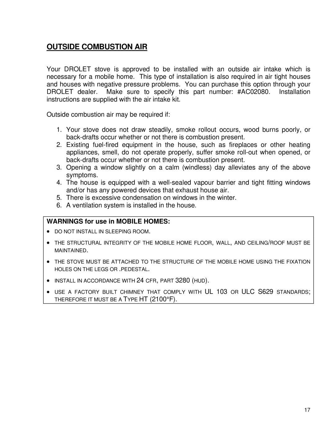 Drolet NG1800 owner manual Outside Combustion AIR 