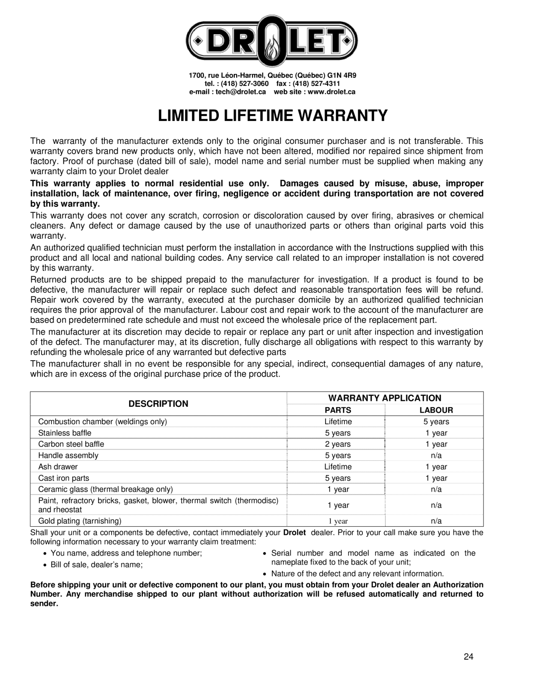 Drolet NG1800 owner manual Limited Lifetime Warranty, Description 