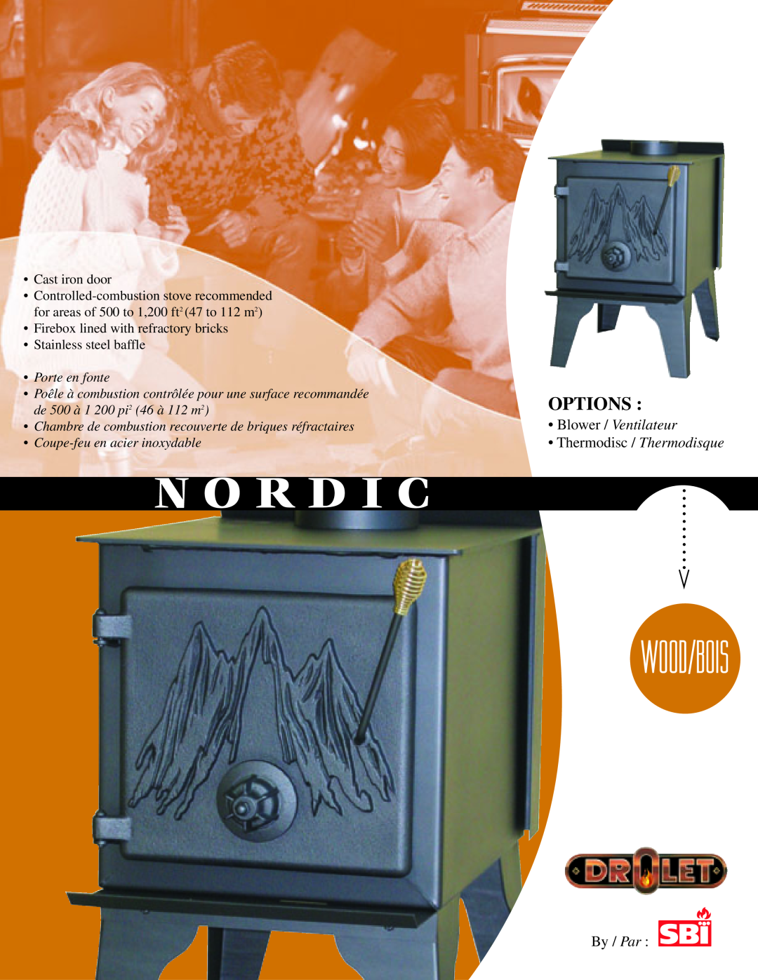 Drolet Nordic manual N O R D I C, Wood/Bois, Options, Blower / Ventilateur, Thermodisc / Thermodisque, By / Par 