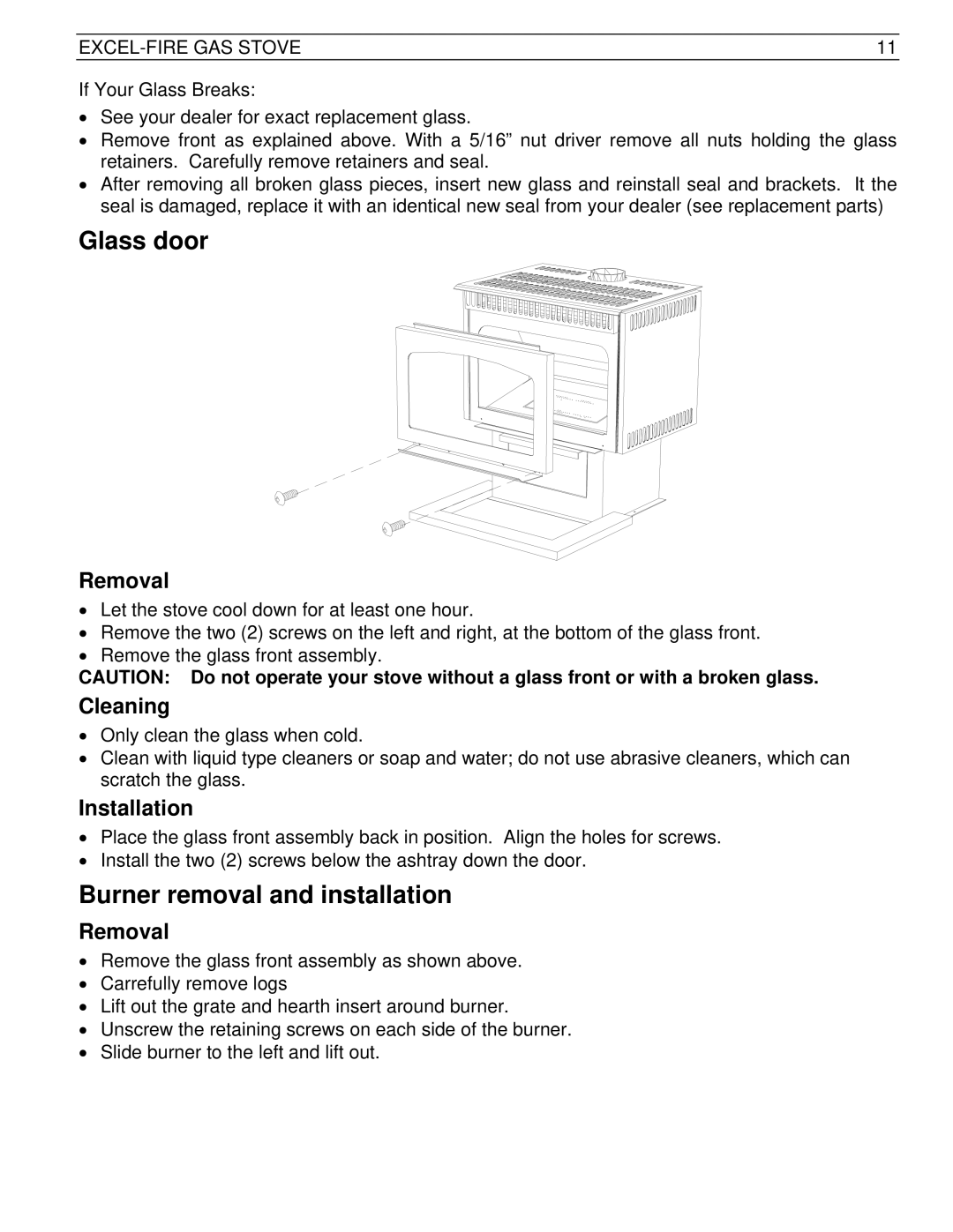 Drolet SIT 0.820.634 Nova manual Glass door, Burner removal and installation, Removal, Cleaning, Installation 