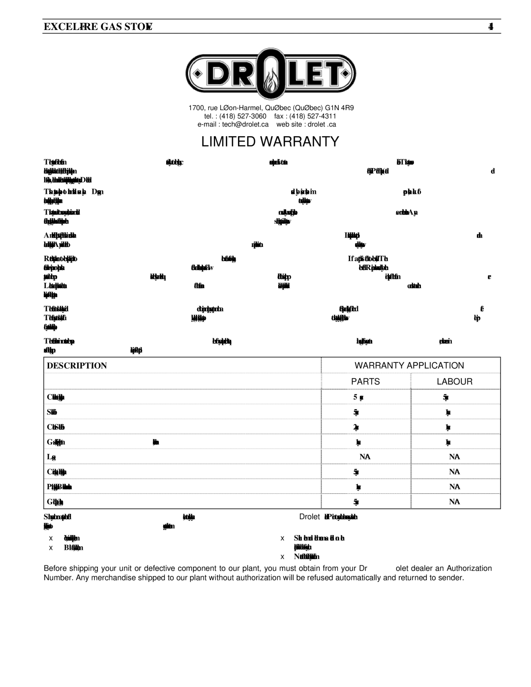 Drolet SIT 0.820.634 Nova manual Limited Warranty, Parts Labour 