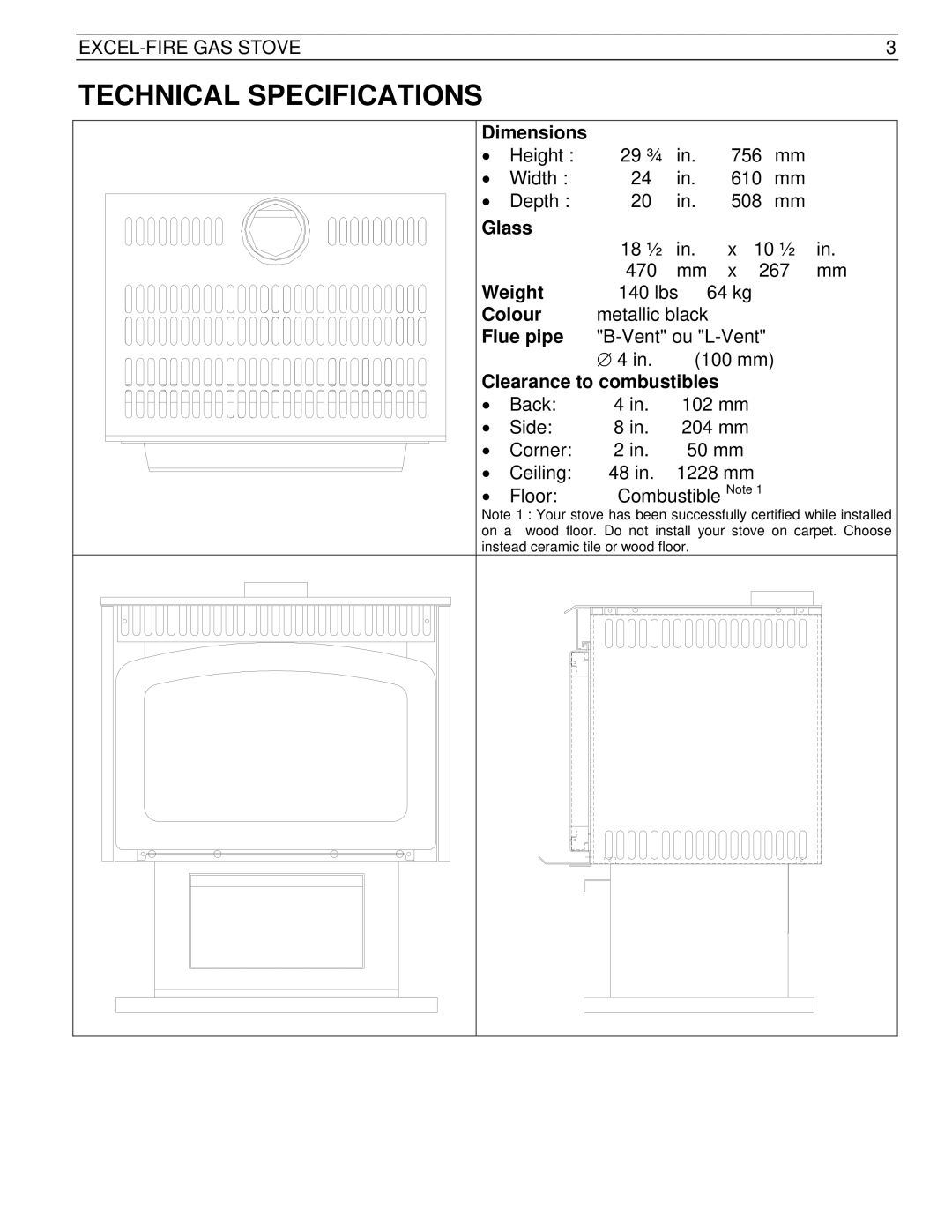 Drolet SIT 0.820.634 Nova manual Technical Specifications, Clearance to combustibles 