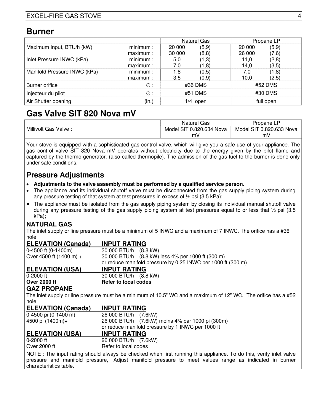 Drolet SIT 0.820.634 Nova manual Burner, Gas Valve SIT 820 Nova mV, Pressure Adjustments 