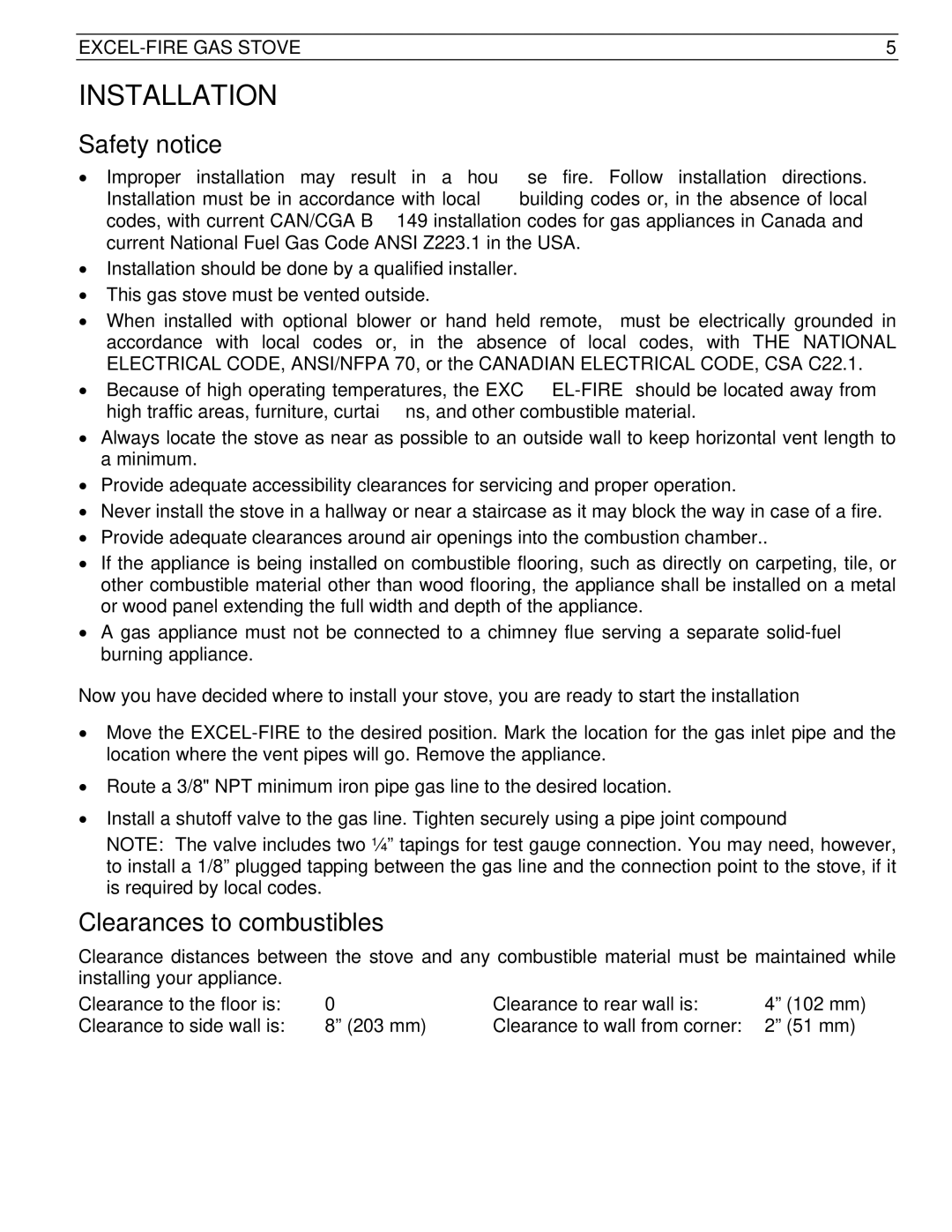 Drolet SIT 0.820.634 Nova manual Installation, Safety notice, Clearances to combustibles 