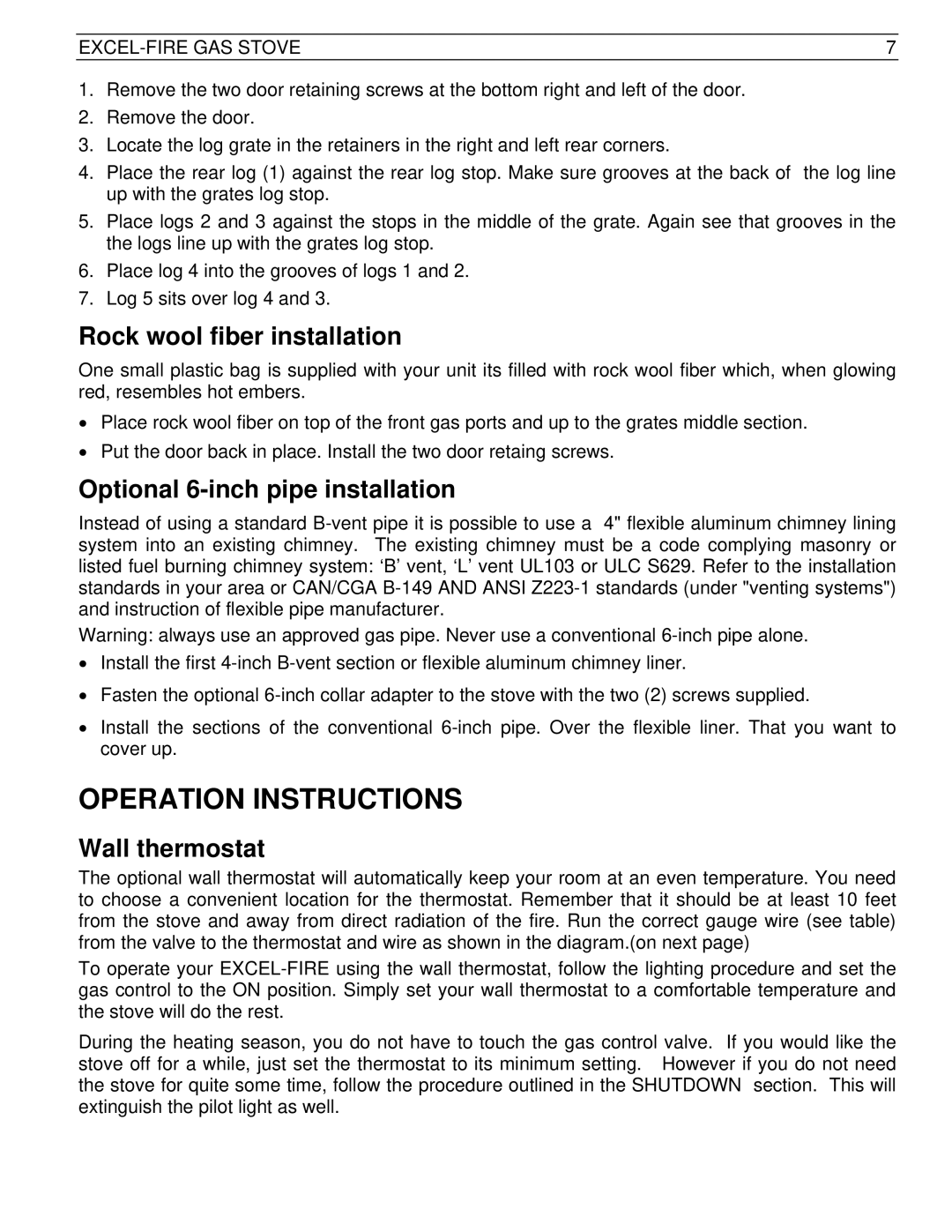 Drolet SIT 0.820.634 Nova manual Operation Instructions, Rock wool fiber installation, Optional 6-inch pipe installation 