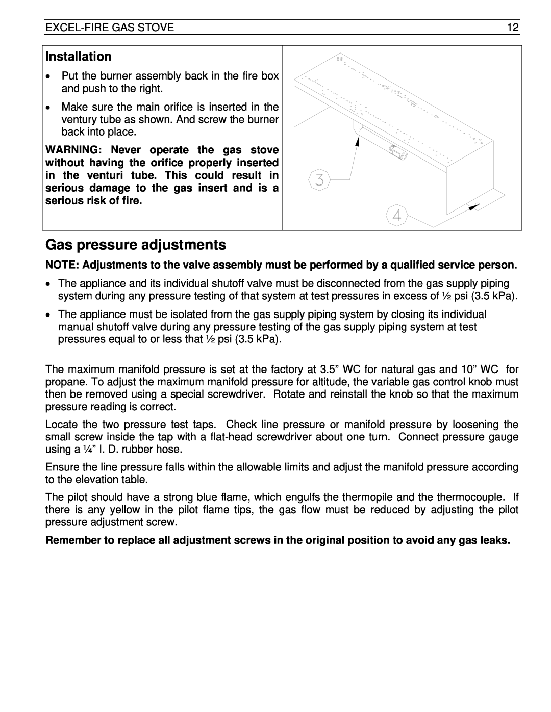 Drolet SIT 0.820.634 Nova manual Gas pressure adjustments, Installation 