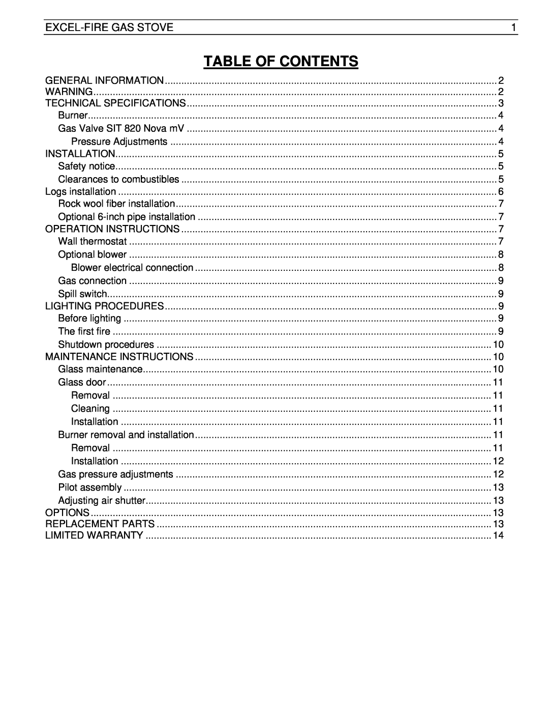 Drolet SIT 0.820.634 Nova manual Table Of Contents, Excel-Firegas Stove 