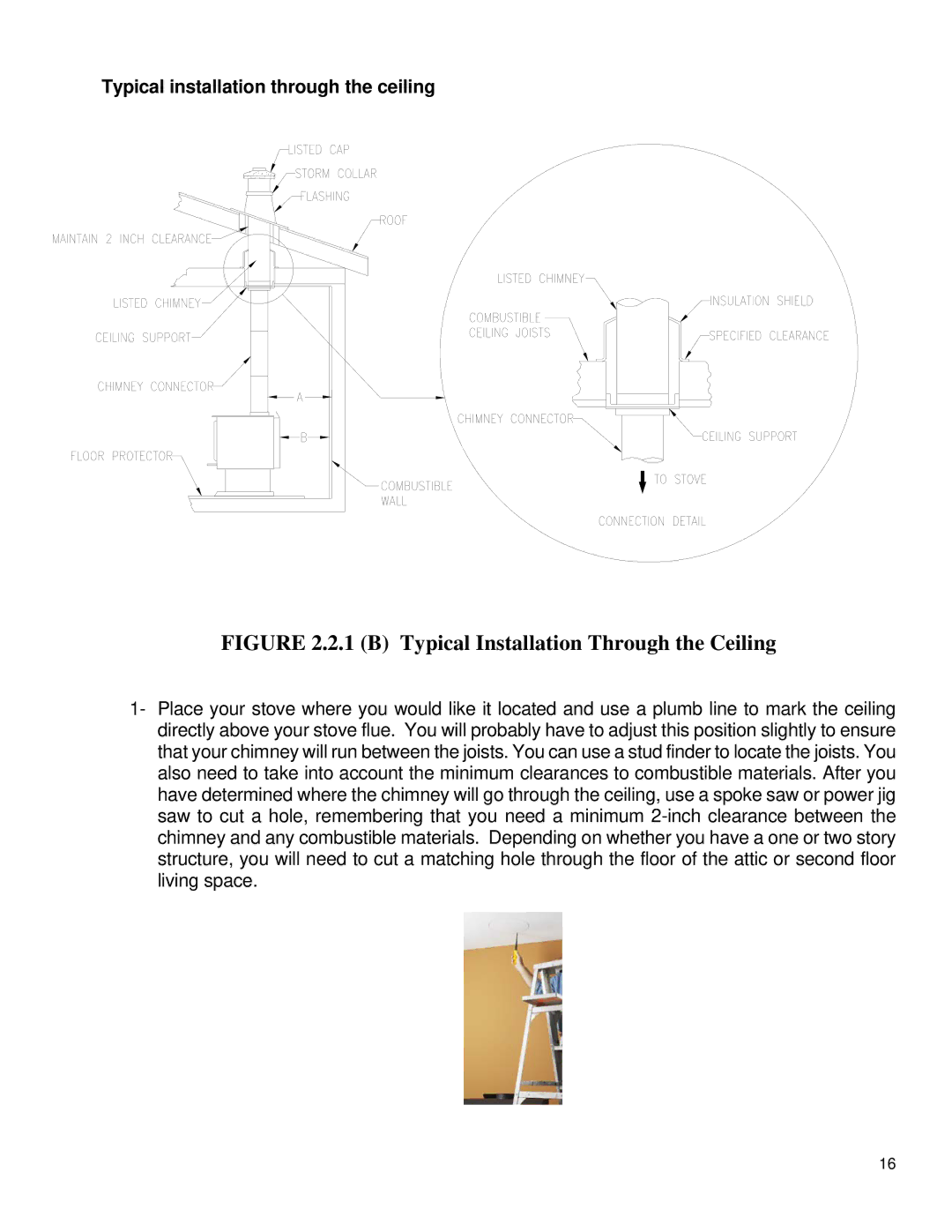 Drolet ULC S627, UL 1482 owner manual B Typical Installation Through the Ceiling 