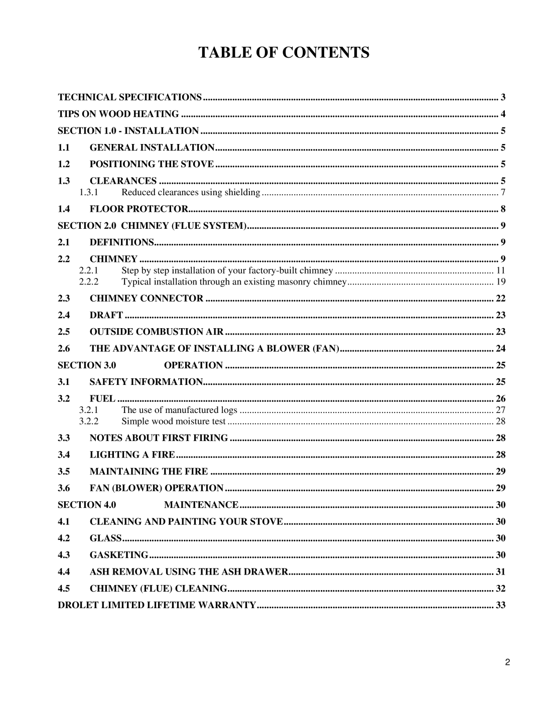 Drolet ULC S627, UL 1482 owner manual Table of Contents 