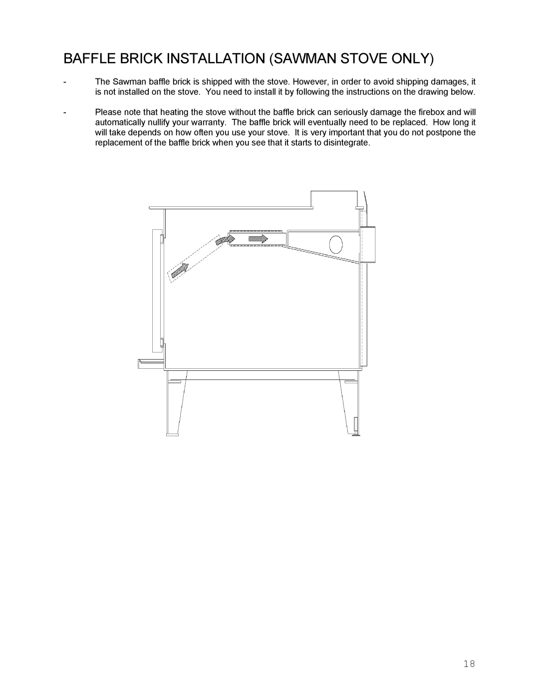 Drolet Wood Stove manual Baffle Brick Installation Sawman Stove only 