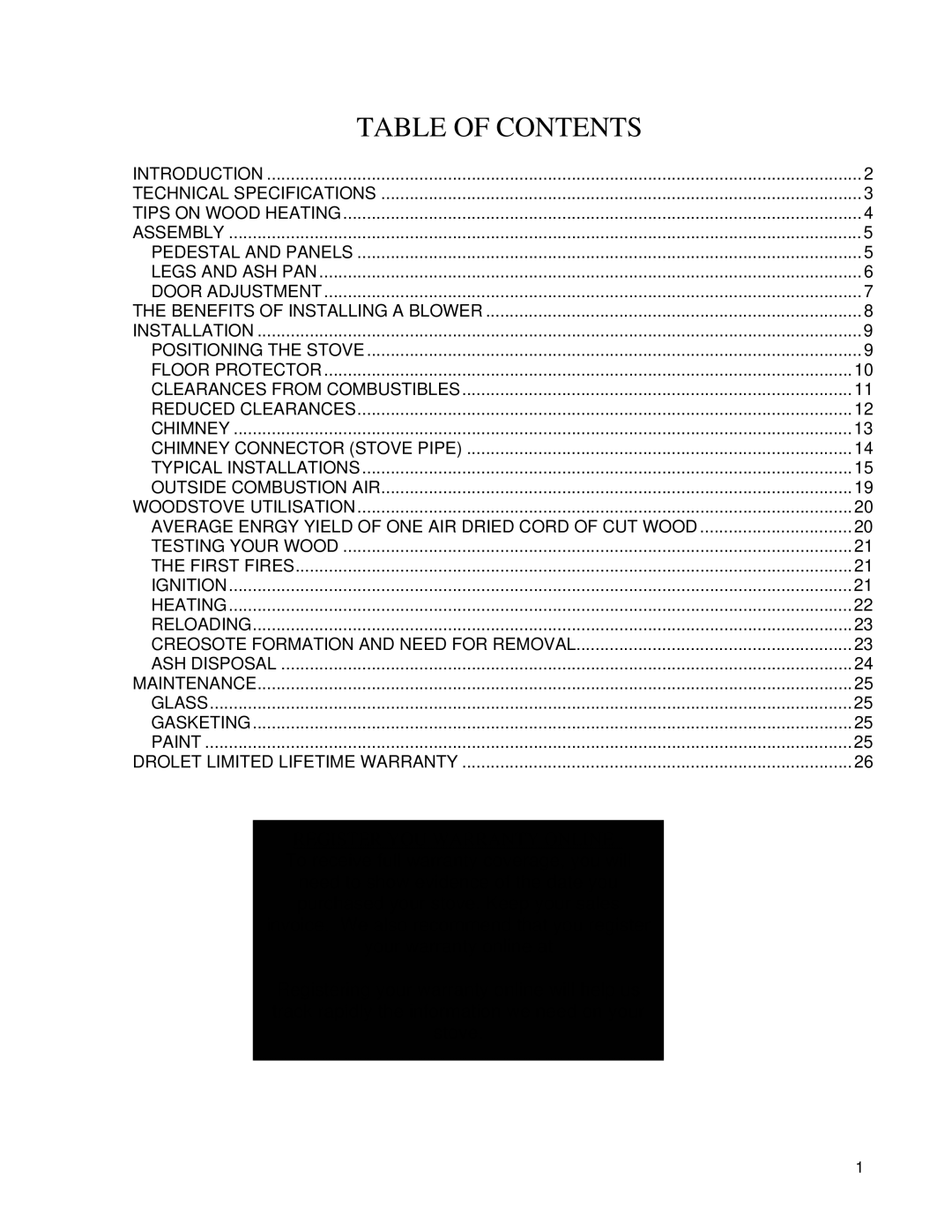 Drolet WOODSTOVES owner manual Table of Contents 