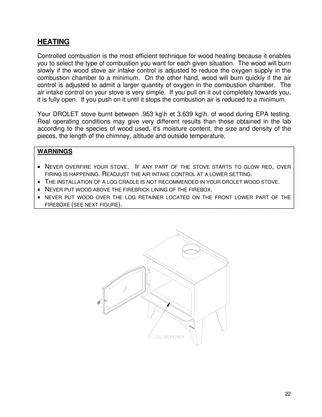 Drolet WOODSTOVES owner manual Heating 