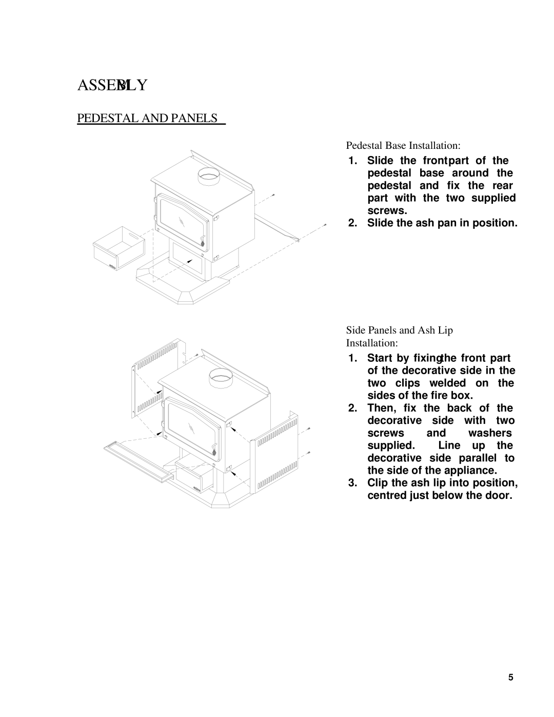 Drolet WOODSTOVES owner manual Assembly, Pedestal and Panels 