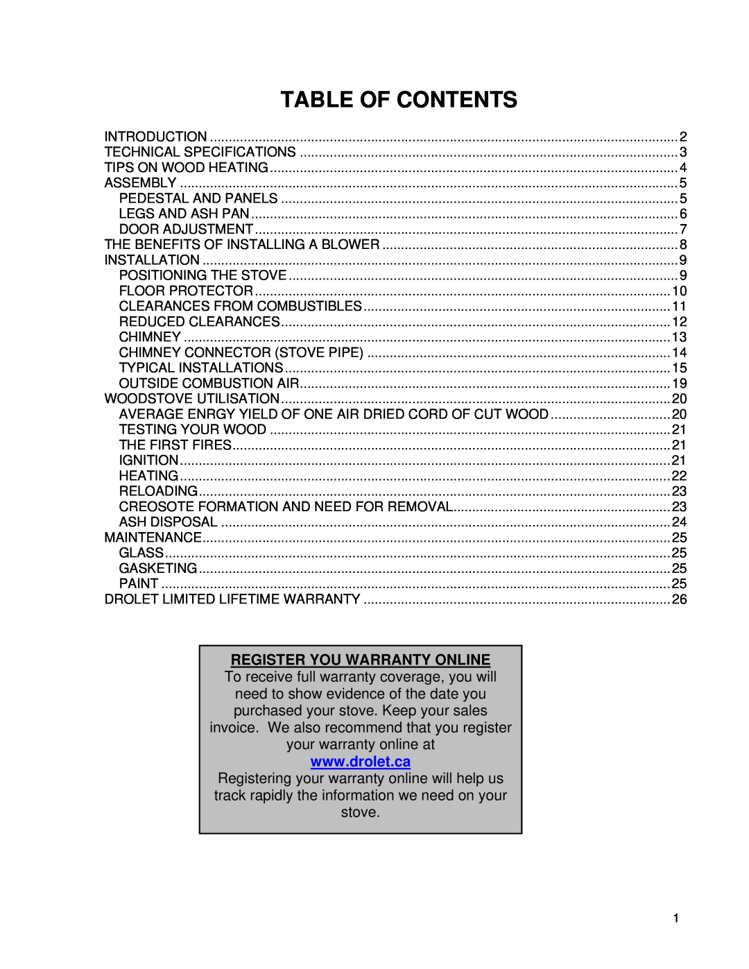Drolet WOODSTOVES owner manual Table Of Contents 