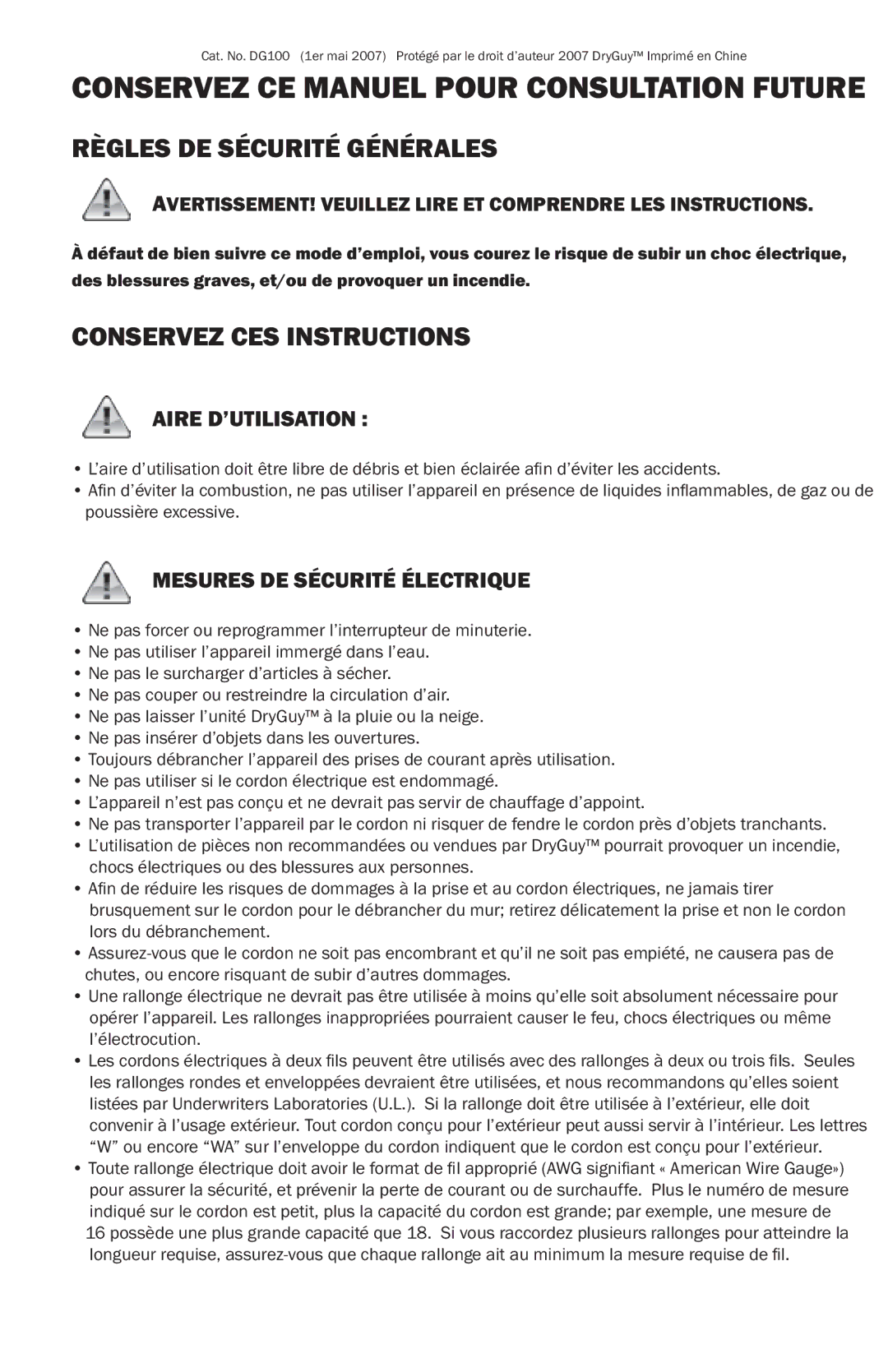 DryGuy DG00011 manual Aire D’UTILISATION, Mesures DE Sécurité Électrique 