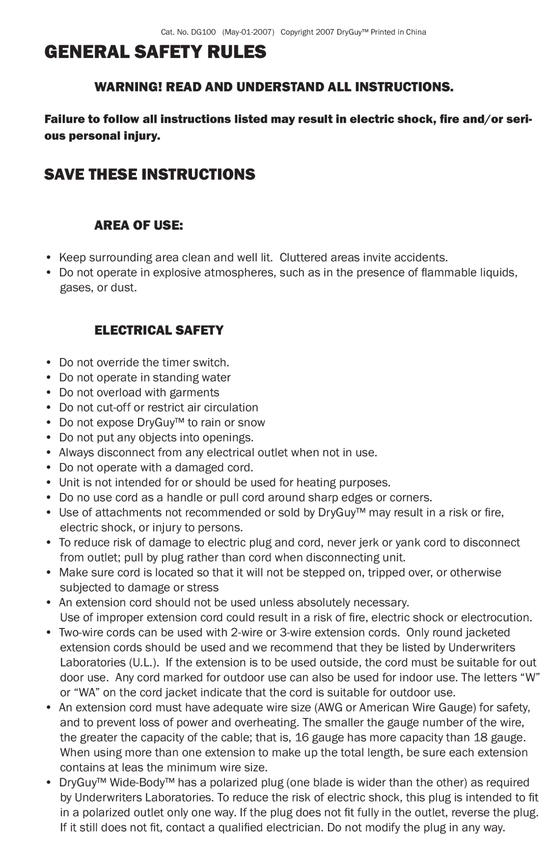 DryGuy DG00011 manual General Safety Rules, Area of USE, Electrical Safety 