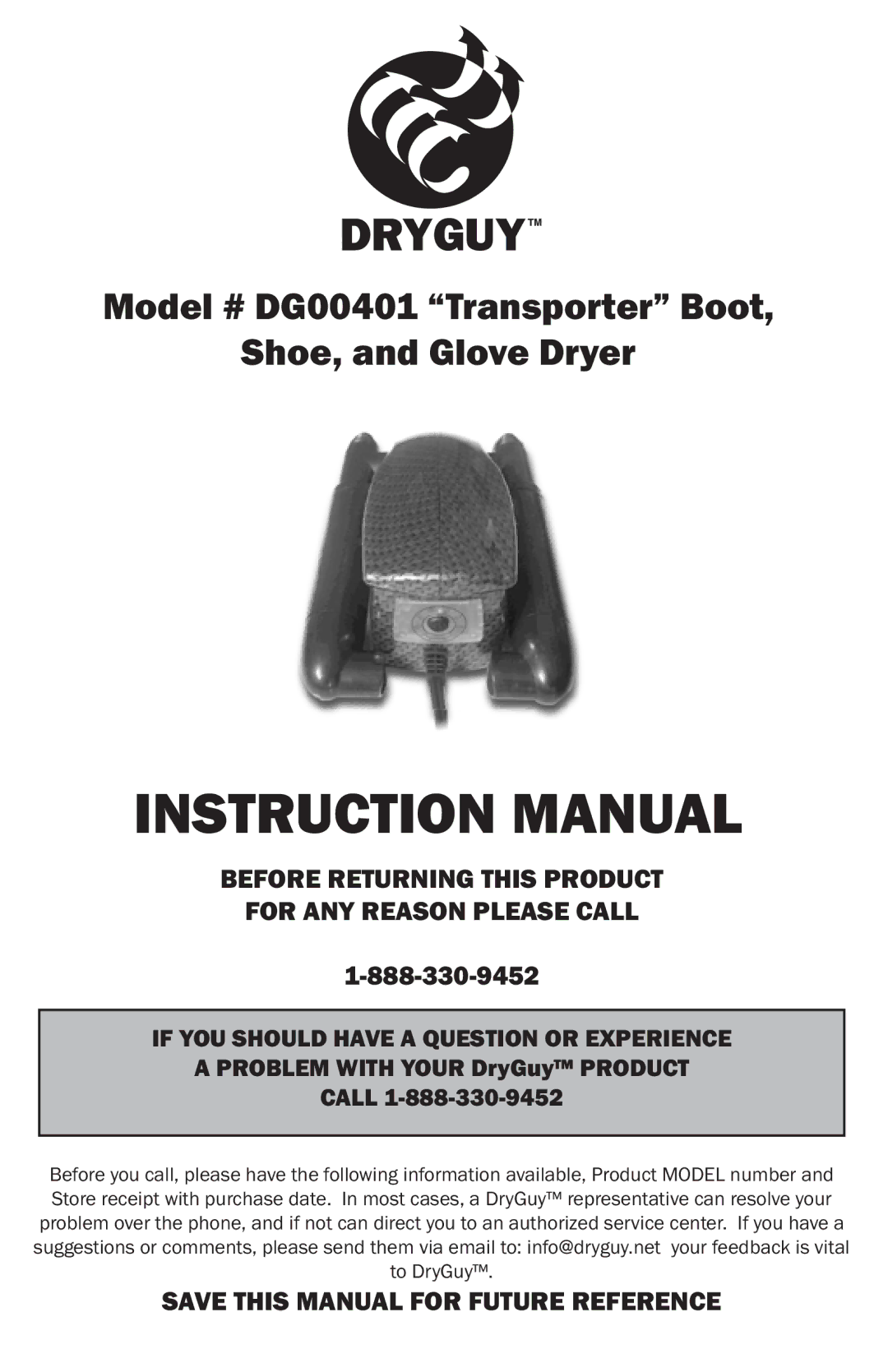 DryGuy manual Model # DG00401 Transporter Boot Shoe, and Glove Dryer 