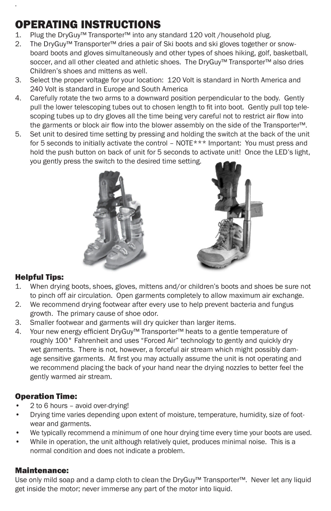 DryGuy DG00401 manual Operating Instructions, Helpful Tips, Operation Time, Maintenance 