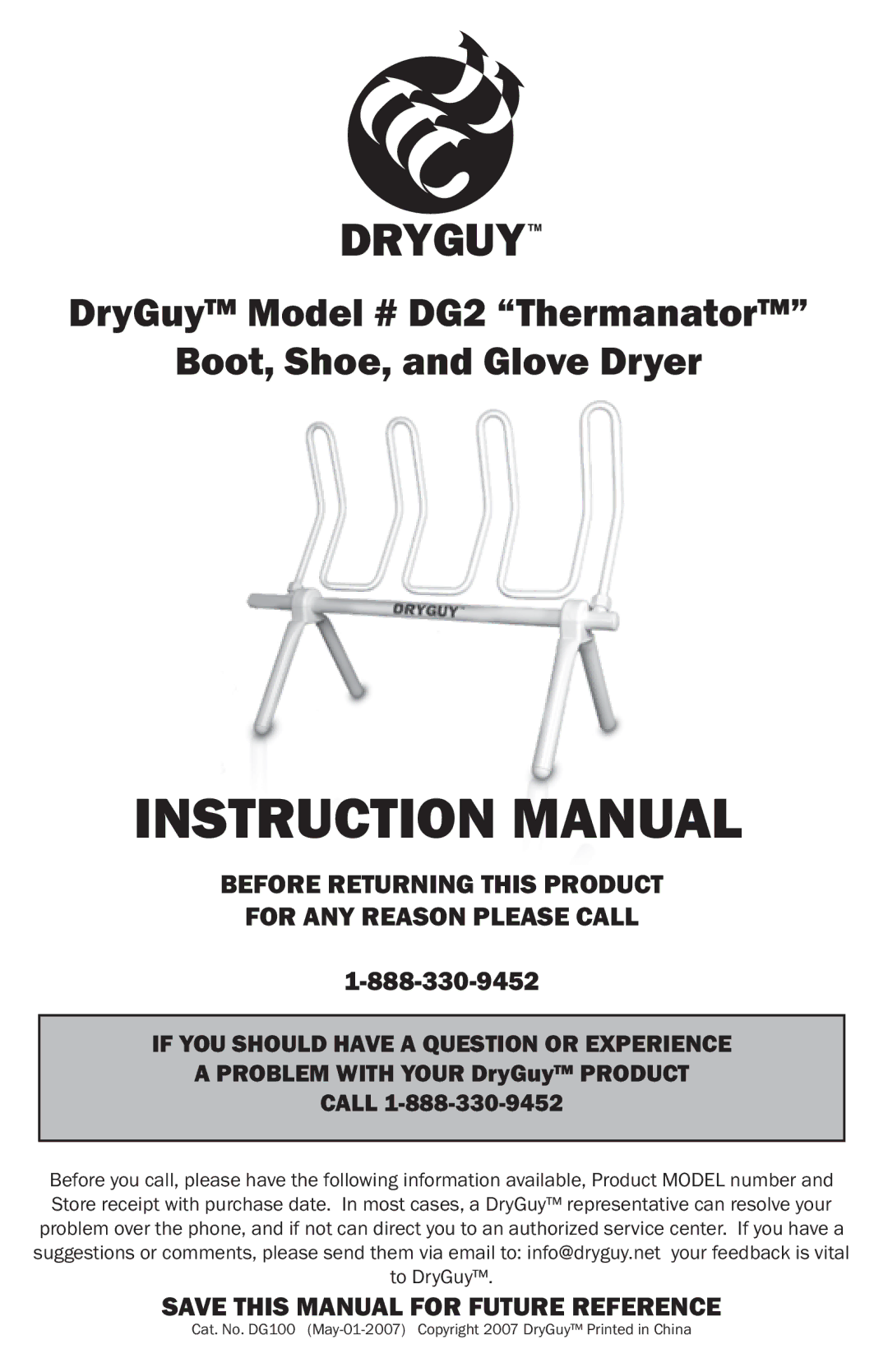 DryGuy manual DryGuy Model # DG2 Thermanator Boot, Shoe, and Glove Dryer 