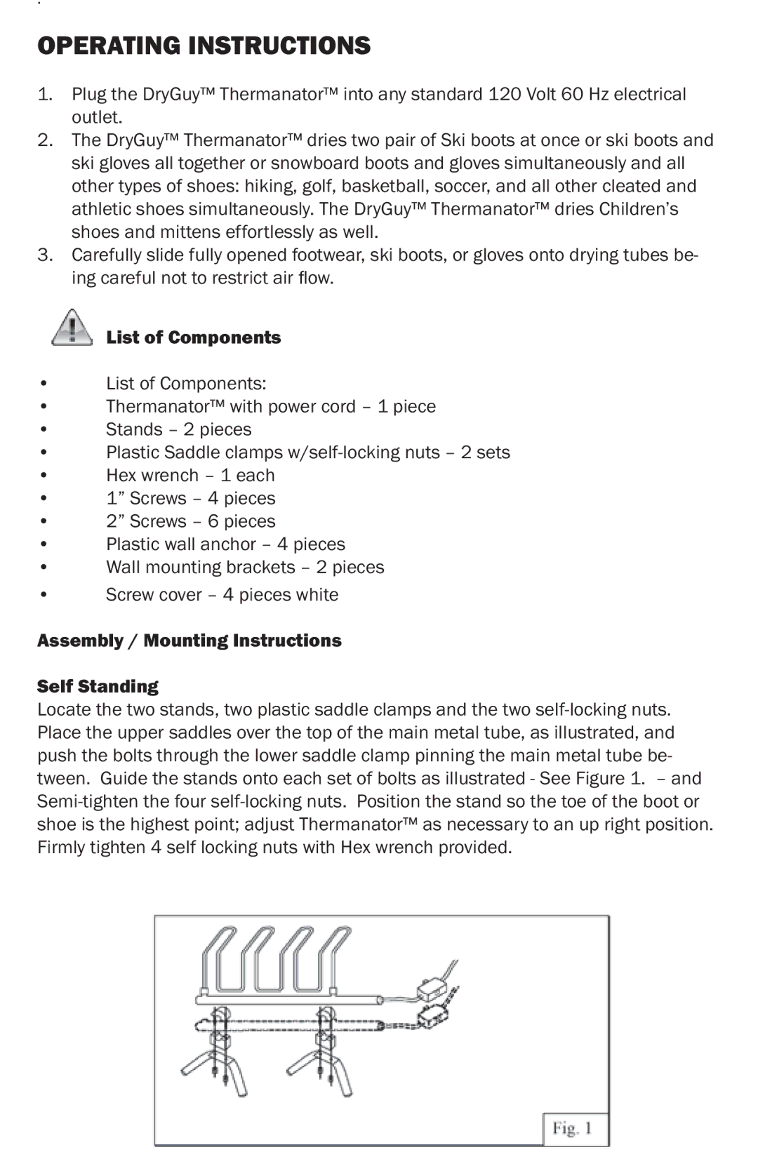 DryGuy DG2 manual Operating Instructions, List of Components, Assembly / Mounting Instructions Self Standing 