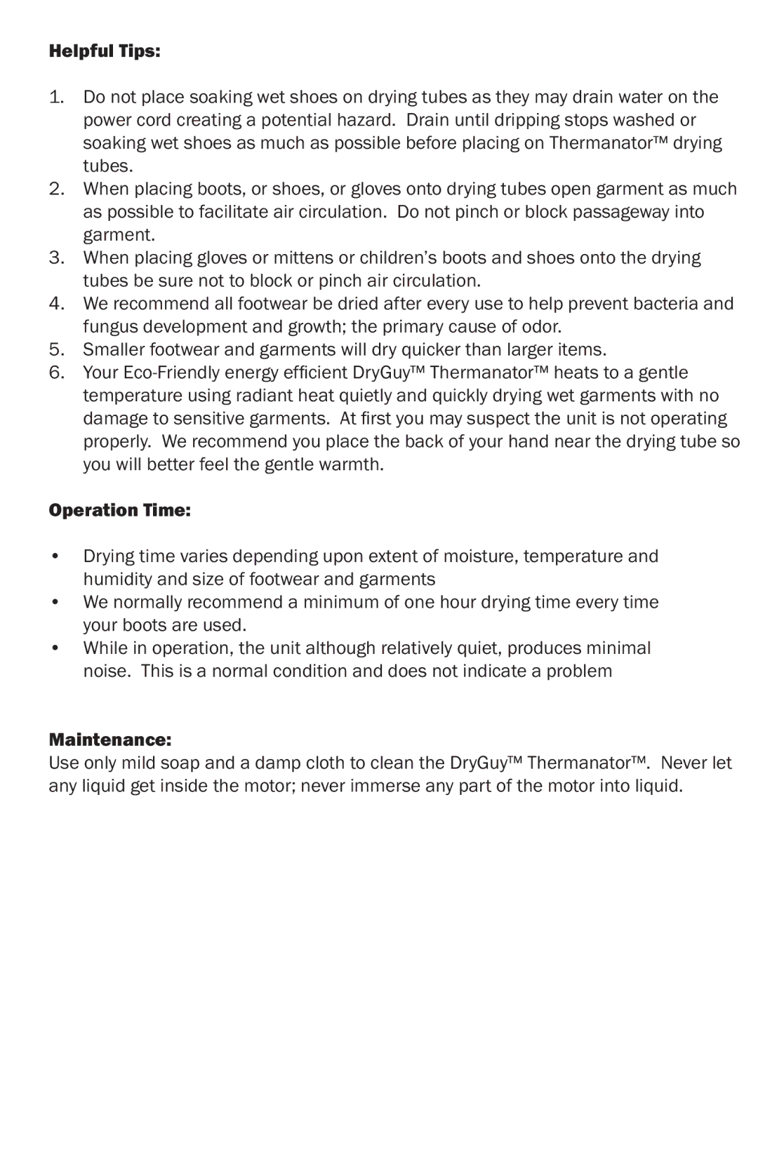 DryGuy DG2 manual Helpful Tips, Operation Time, Maintenance 