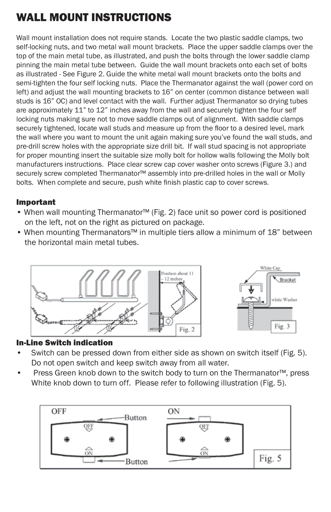 DryGuy DG2 manual Wall Mount Instructions, In-Line Switch indication 