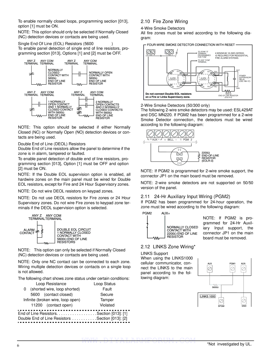 DSCover Satellite Products PC1555MX Fire Zone Wiring, 11 24-Hr Auxiliary Input Wiring PGM2, Links Zone Wiring 