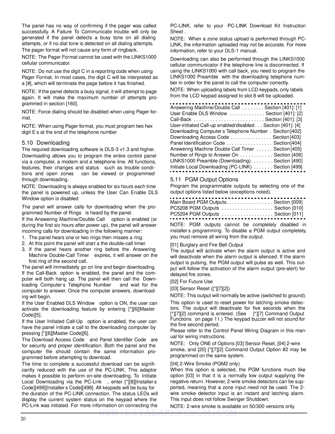 DSCover Satellite Products PC1555MX installation manual Downloading, PGM Output Options 