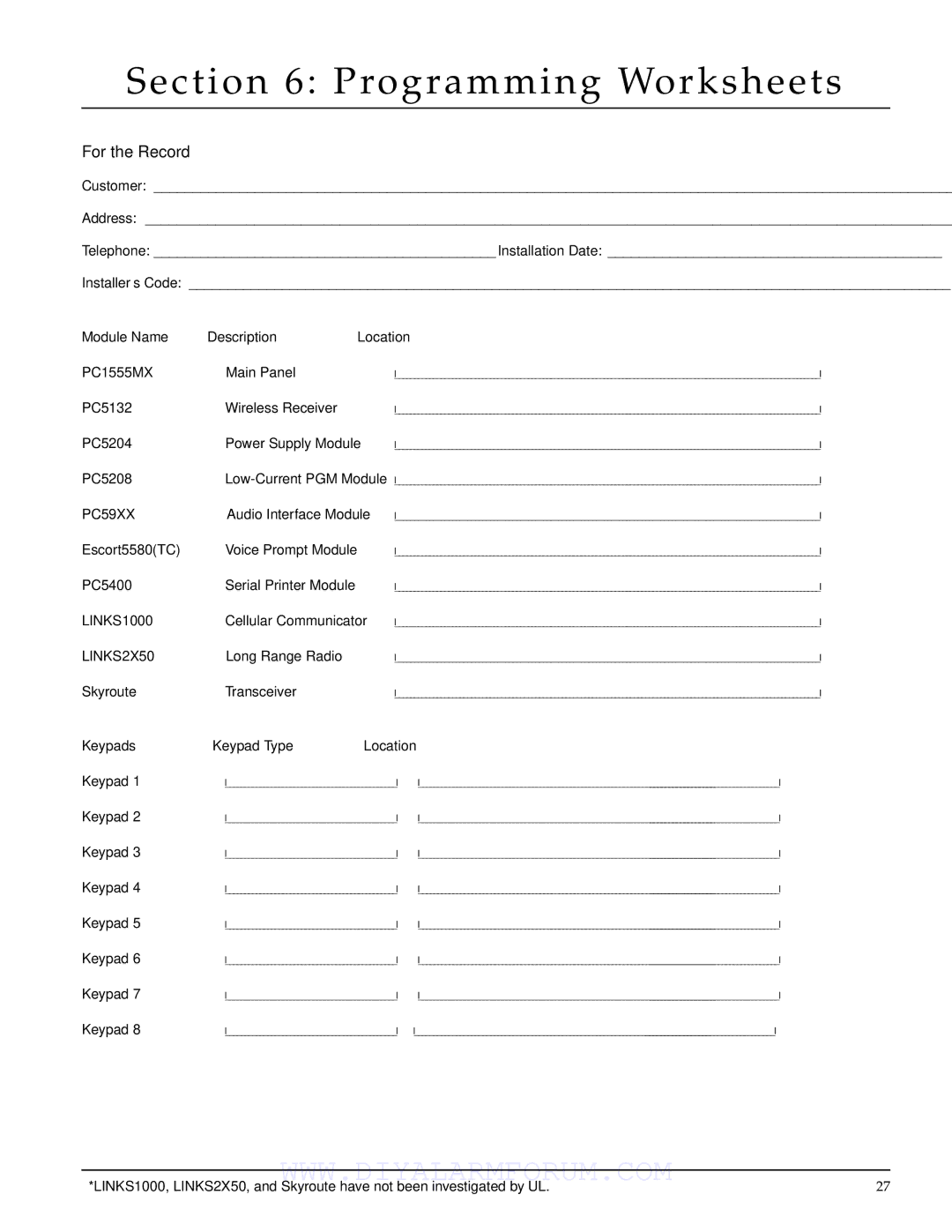 DSCover Satellite Products PC1555MX Programming Worksheets, For the Record, Module Name Description Location 