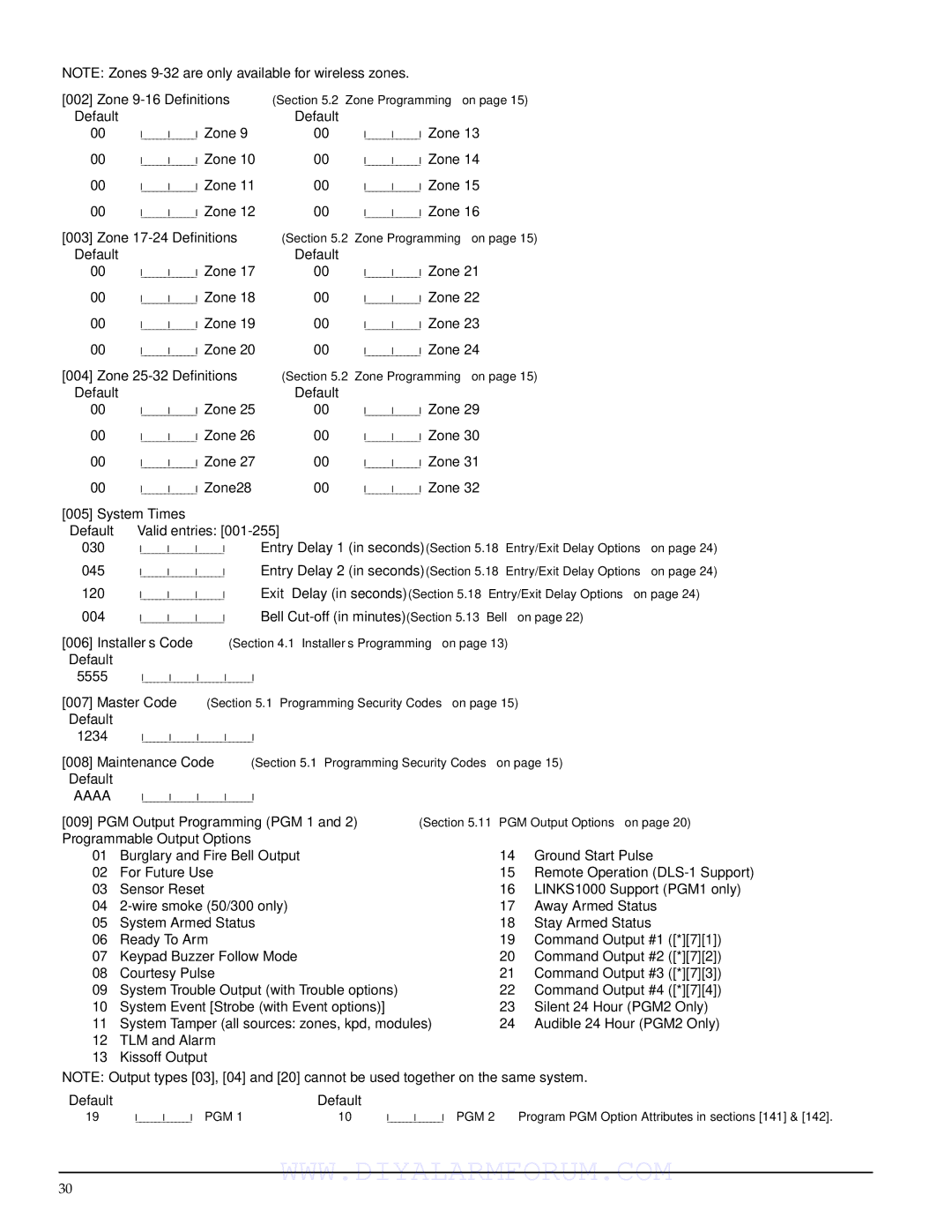 DSCover Satellite Products PC1555MX installation manual System Times Default Valid entries, Programmable Output Options 