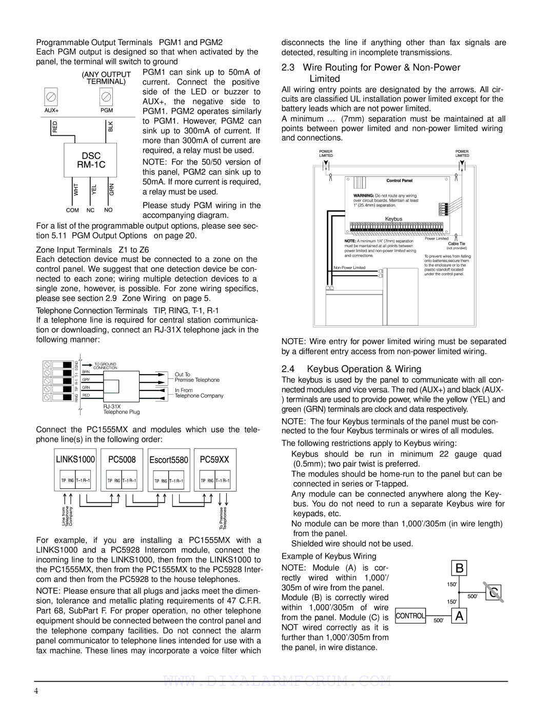 DSCover Satellite Products PC1555MX Wire Routing for Power & Non-Power Limited, Keybus Operation & Wiring 