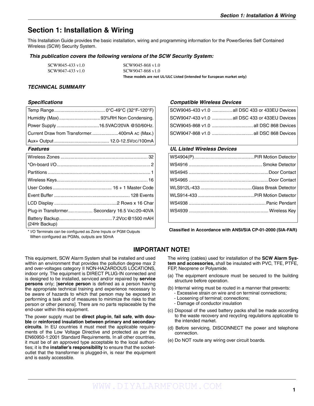 DSCover Satellite Products SCW904x manual Installation & Wiring, Technical Summary 