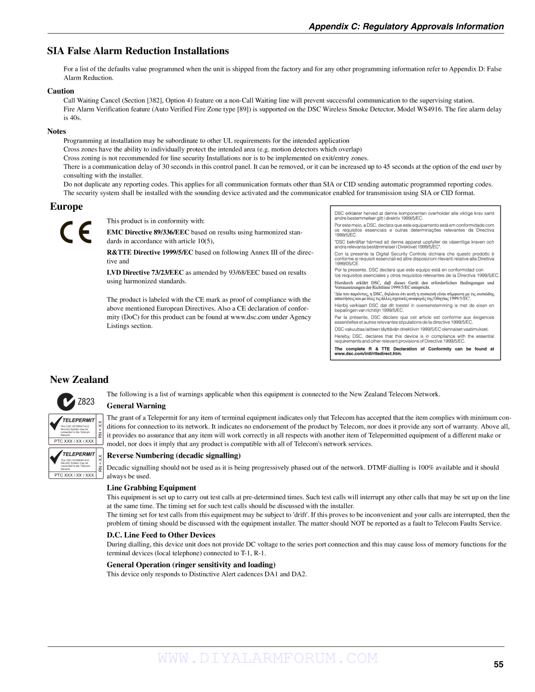 DSCover Satellite Products SCW904x manual SIA False Alarm Reduction Installations, Europe, New Zealand 