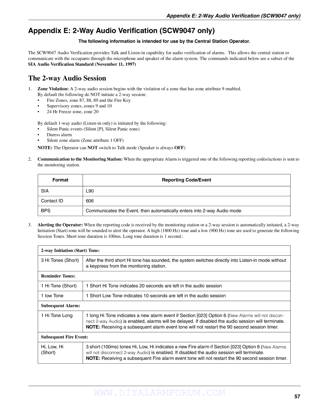 DSCover Satellite Products SCW904x manual Appendix E 2-Way Audio Verification SCW9047 only, Format Reporting Code/Event 