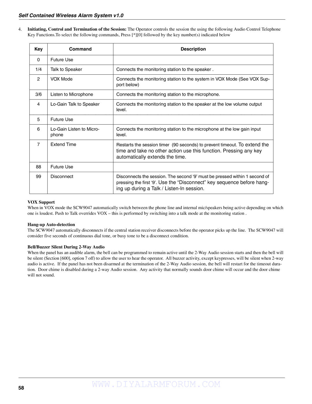 DSCover Satellite Products SCW904x manual Key Command Description, VOX Support, Hang-up Auto-detection 