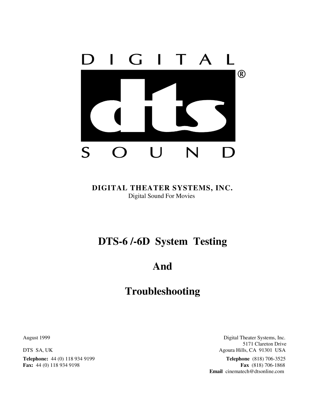 DTS DTS-6D manual DTS-6 /-6D System Testing Troubleshooting, Digital Theater SYSTEMS, INC 