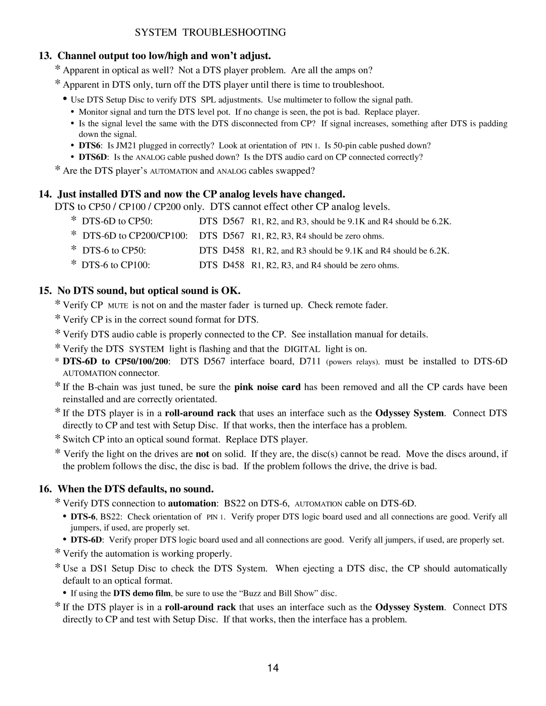 DTS DTS-6D manual Channel output too low/high and won’t adjust, No DTS sound, but optical sound is OK 