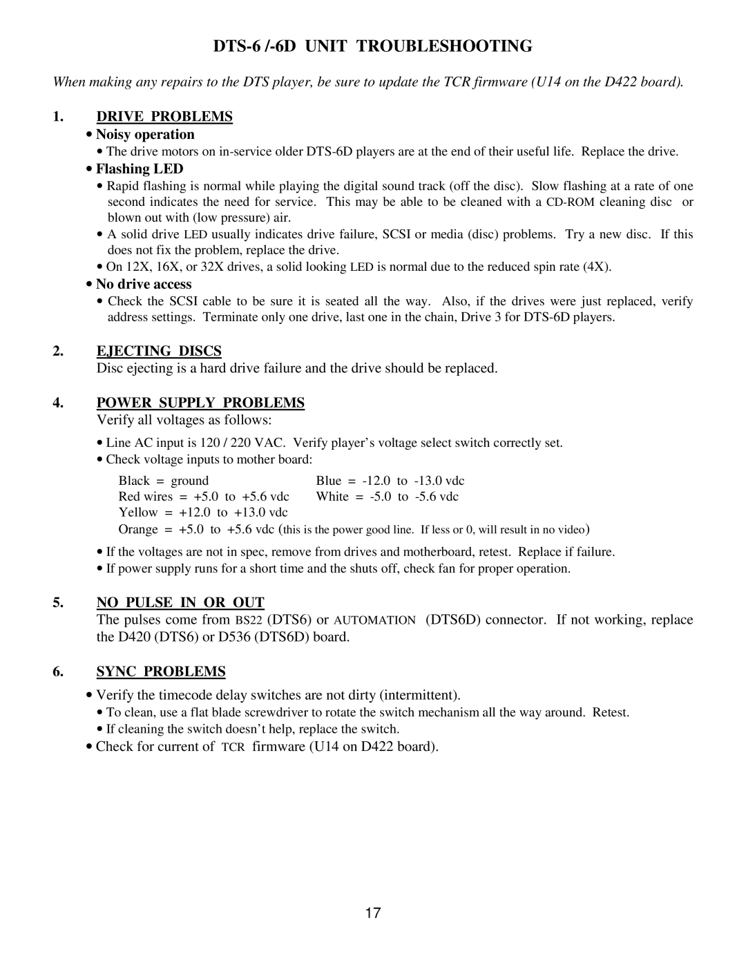 DTS DTS-6D manual DTS-6 /-6D Unit Troubleshooting, Drive Problems, Ejecting Discs, No Pulse in or OUT, Sync Problems 