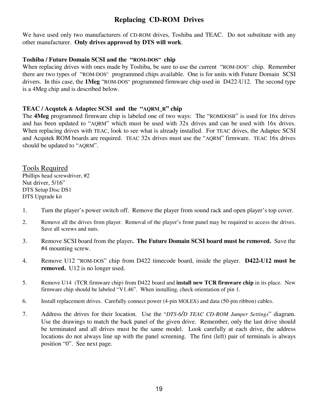 DTS DTS-6D manual Replacing CD-ROM Drives, Toshiba / Future Domain Scsi and the ROM-DOSchip 