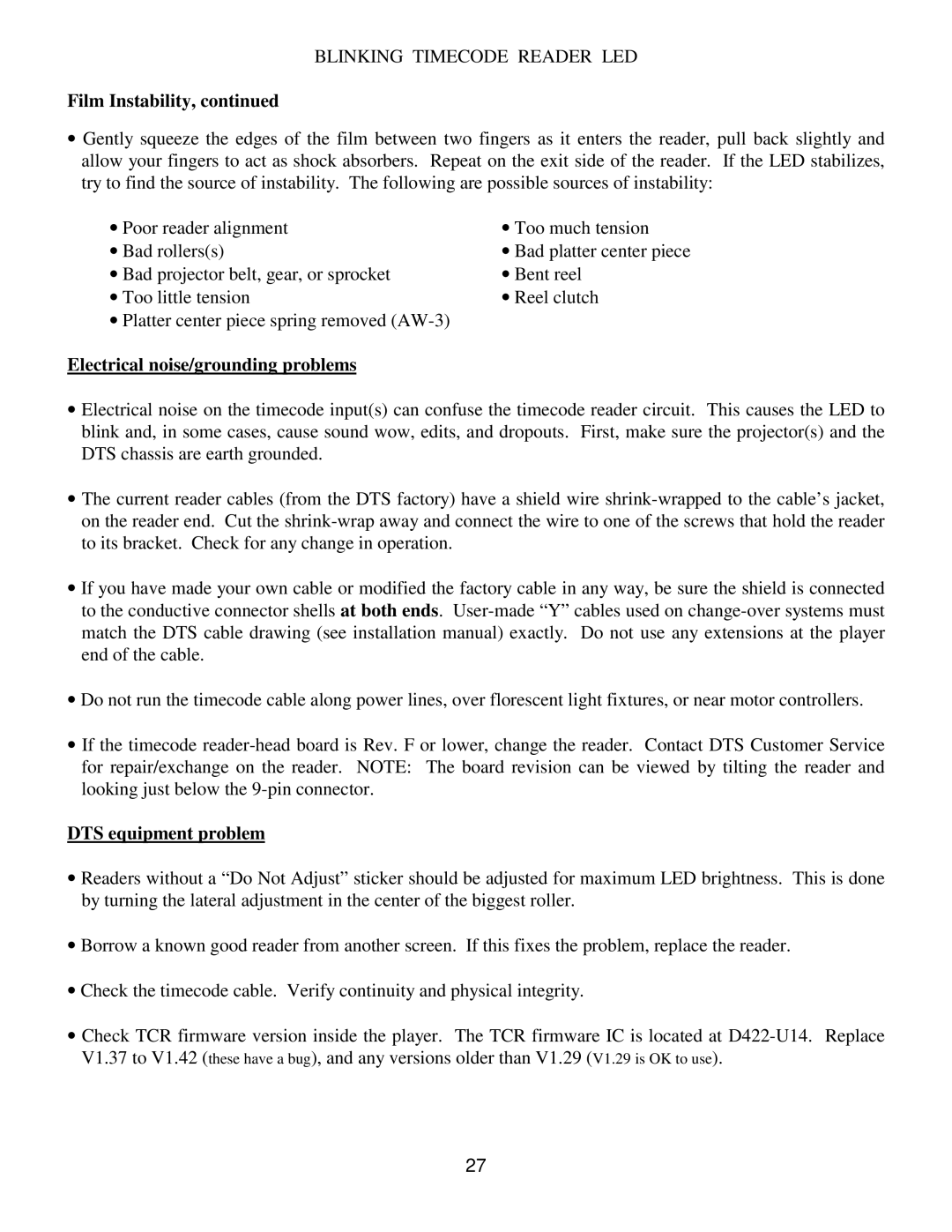 DTS DTS-6D manual Film Instability, Electrical noise/grounding problems, DTS equipment problem 