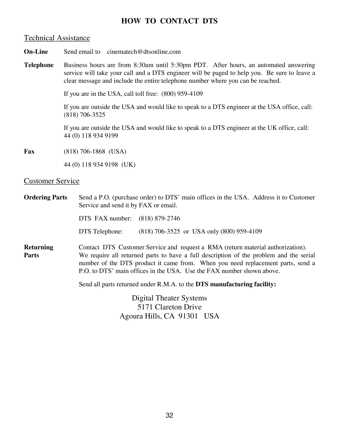 DTS DTS-6D manual HOW to Contact DTS 