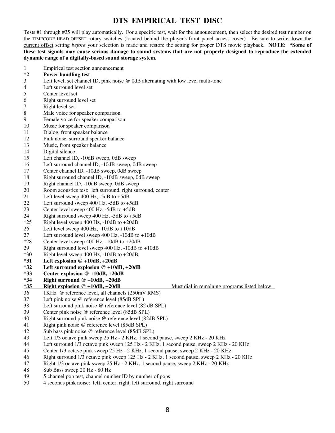 DTS DTS-6D manual DTS Empirical Test Disc, Power handling test 