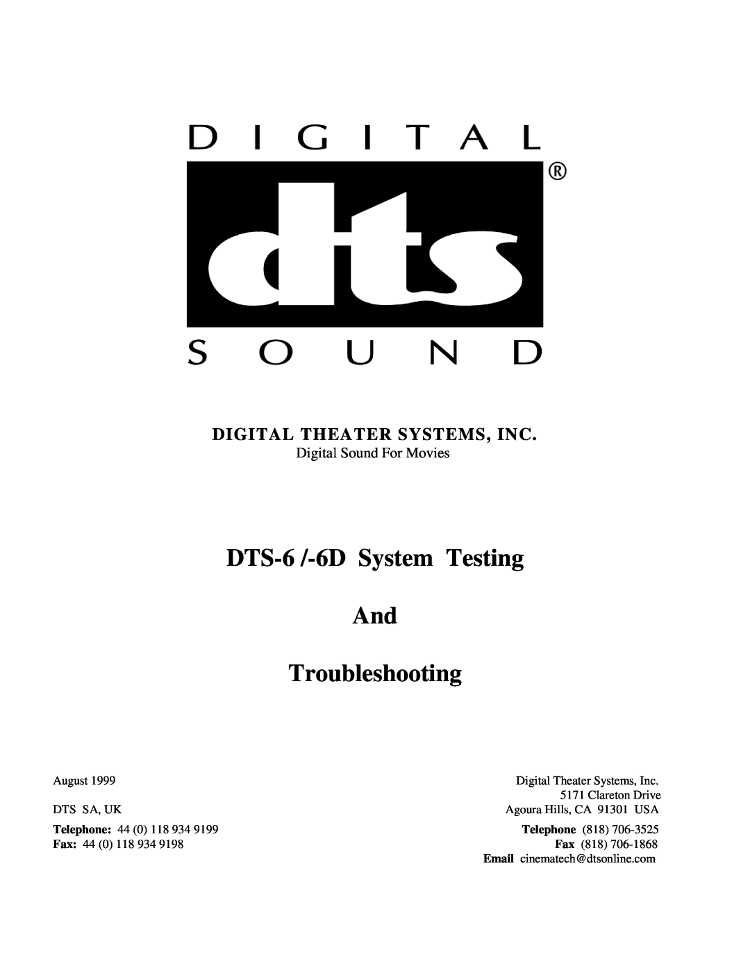 DTS DTS-6D manual Digital Theater Systems, Inc, DTS-6 /-6DSystem Testing And Troubleshooting 
