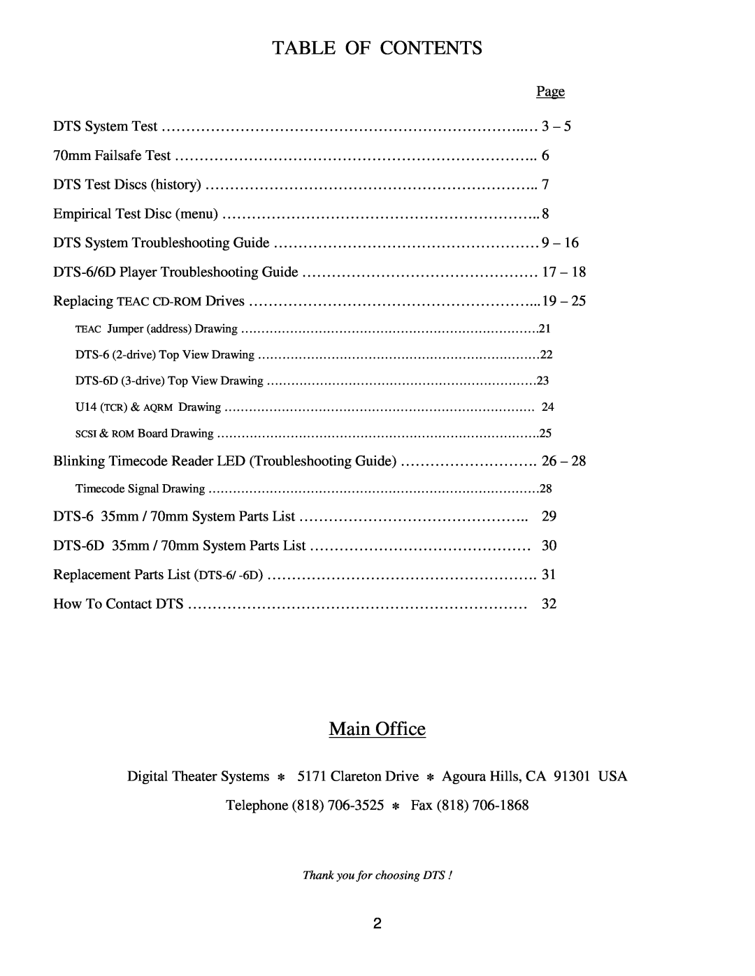 DTS DTS-6D manual Table Of Contents, Main Office 