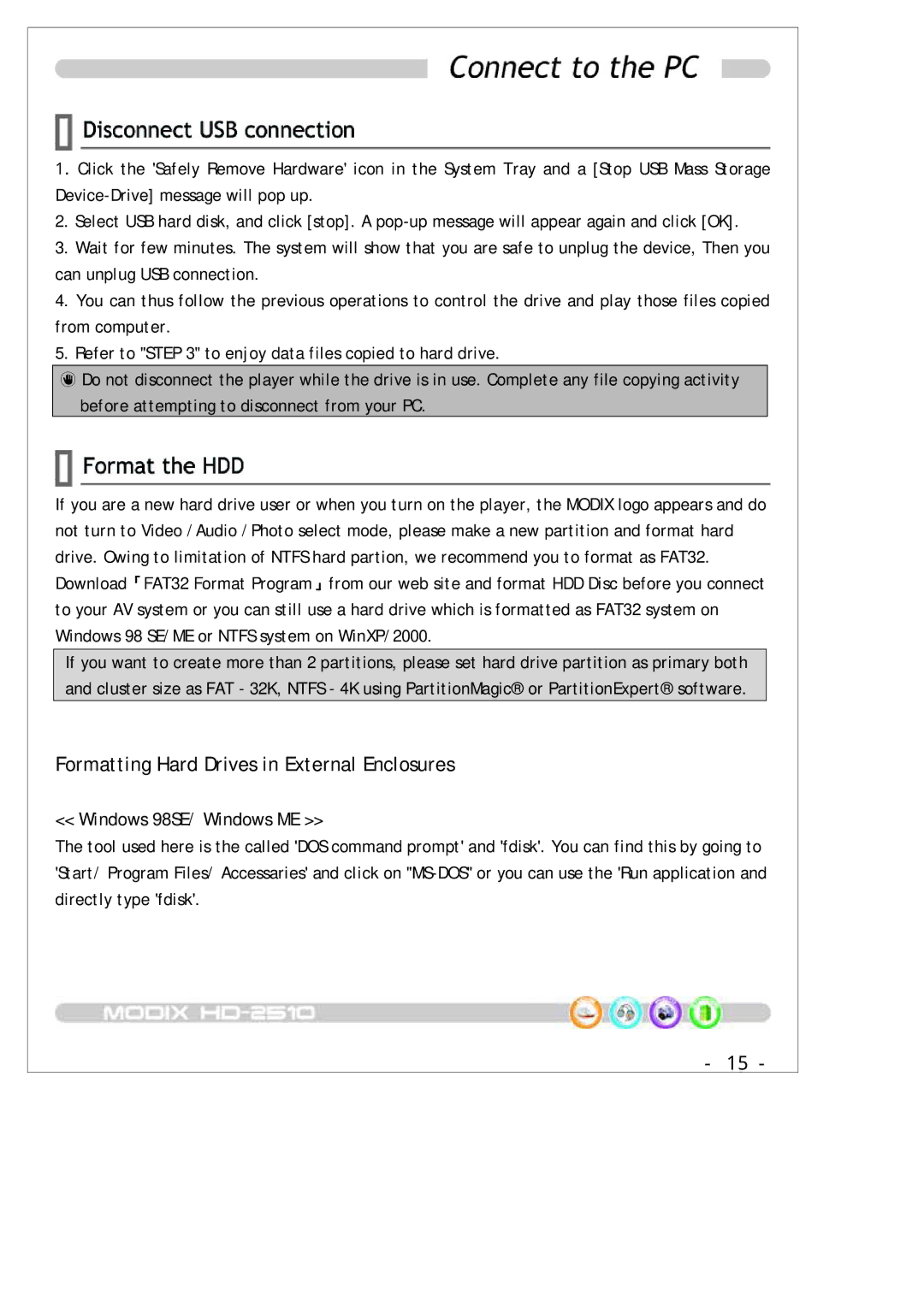 DTS MODIX HD-2510 manual Formatting Hard Drives in External Enclosures 