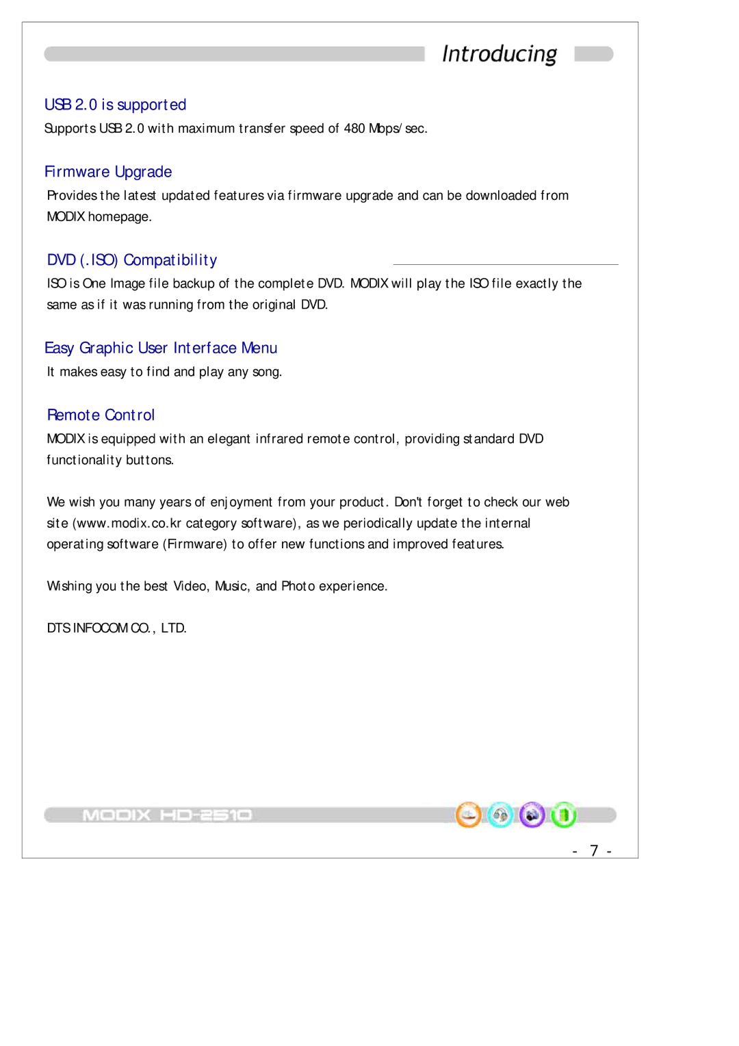 DTS MODIX HD-2510 manual USB 2.0 is supported 