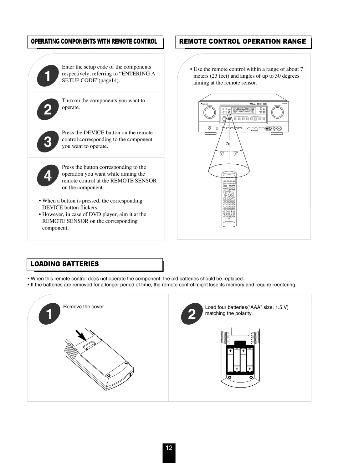 DTS RV4700 DTS-ES manual Remote Control Operation Range, Loading Batteries 