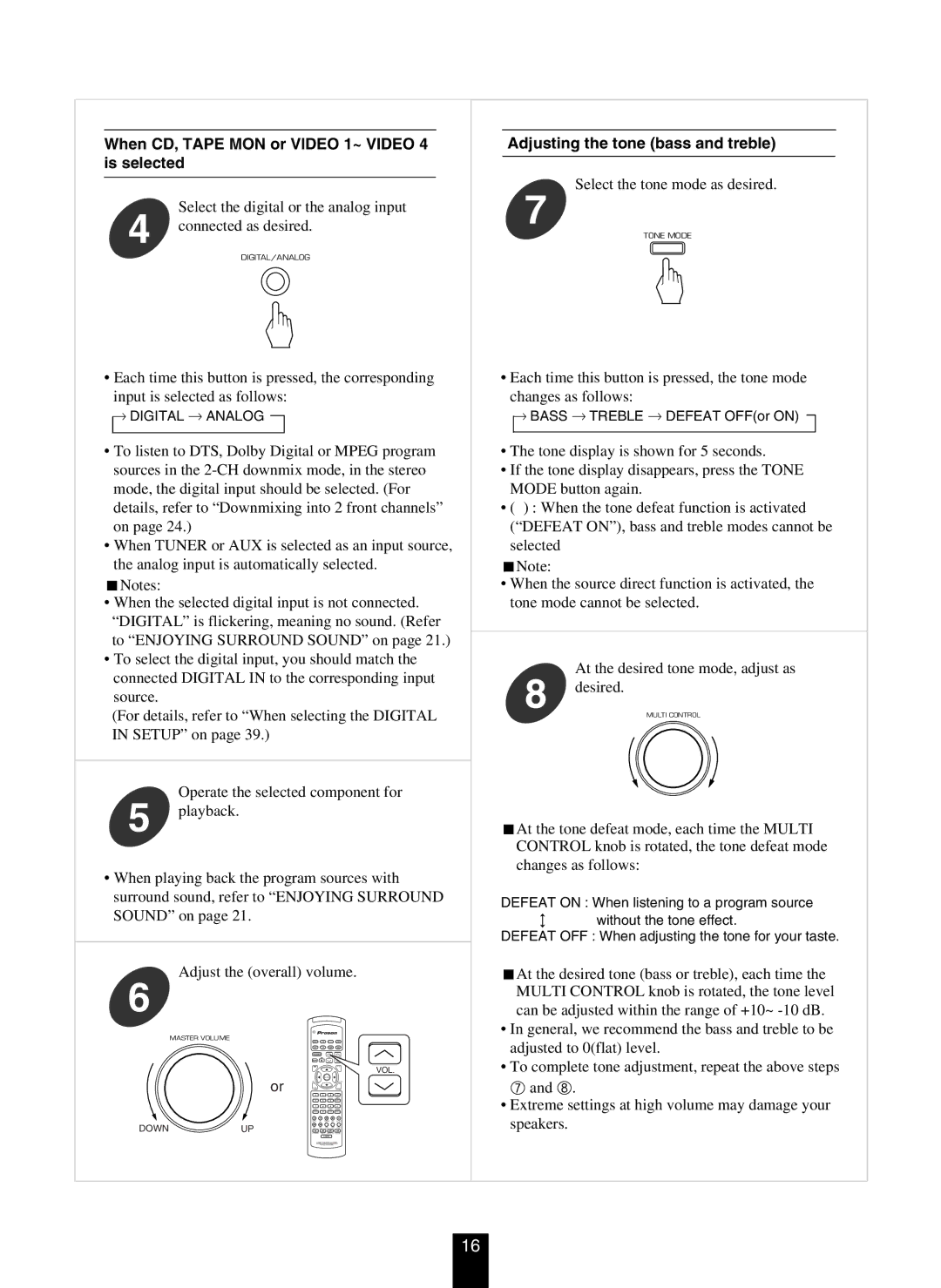 DTS RV4700 DTS-ES manual When CD, Tape MON or Video 1~ Video 4 is selected, Adjusting the tone bass and treble 