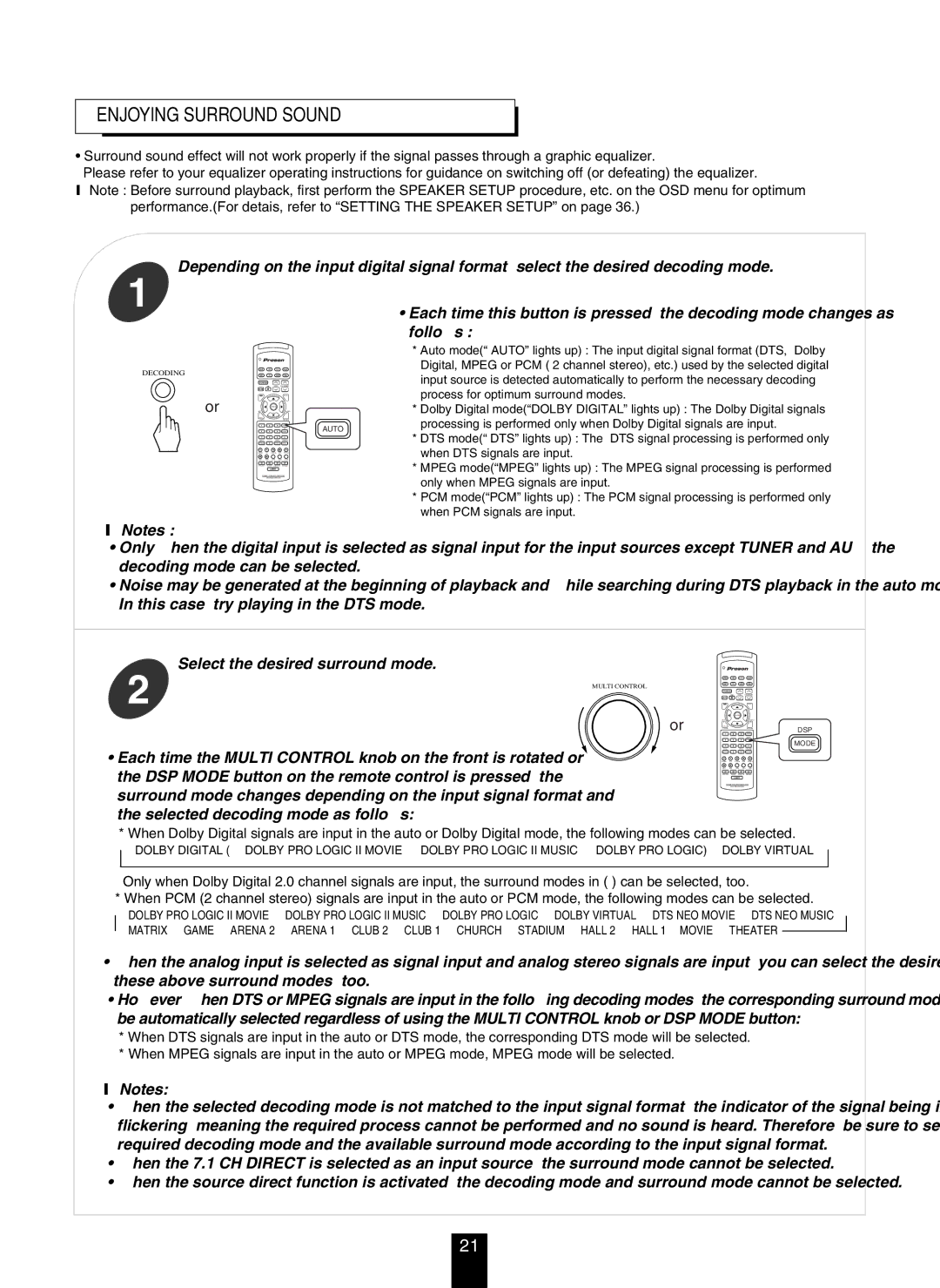 DTS RV4700 DTS-ES manual Enjoying Surround Sound, Selected decoding mode as follows 